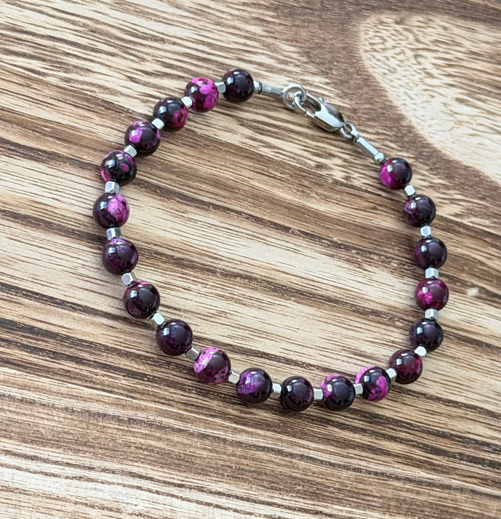 Purple Red Agate 6mm Bracelet, with Stainless Steel Lobster Clasp