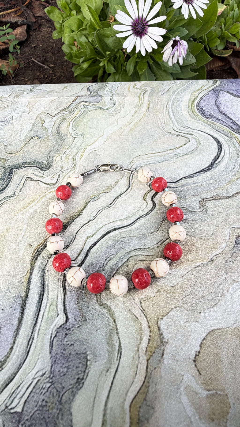 Coral & Howlite 8mm Bracelet, with Stainless Steel Lobster Clasp