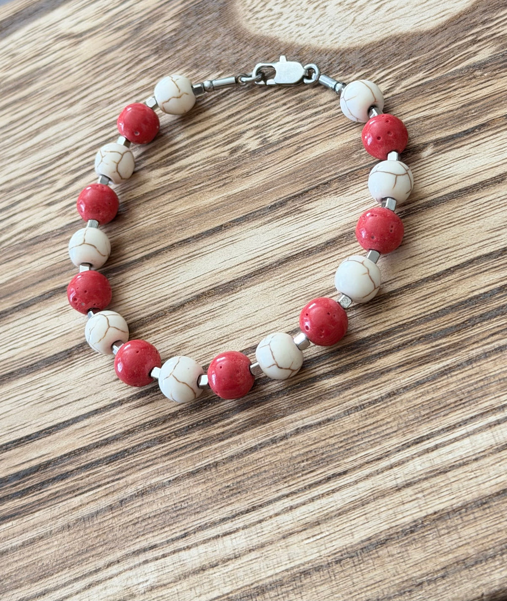 Coral & Howlite 8mm Bracelet, with Stainless Steel Lobster Clasp